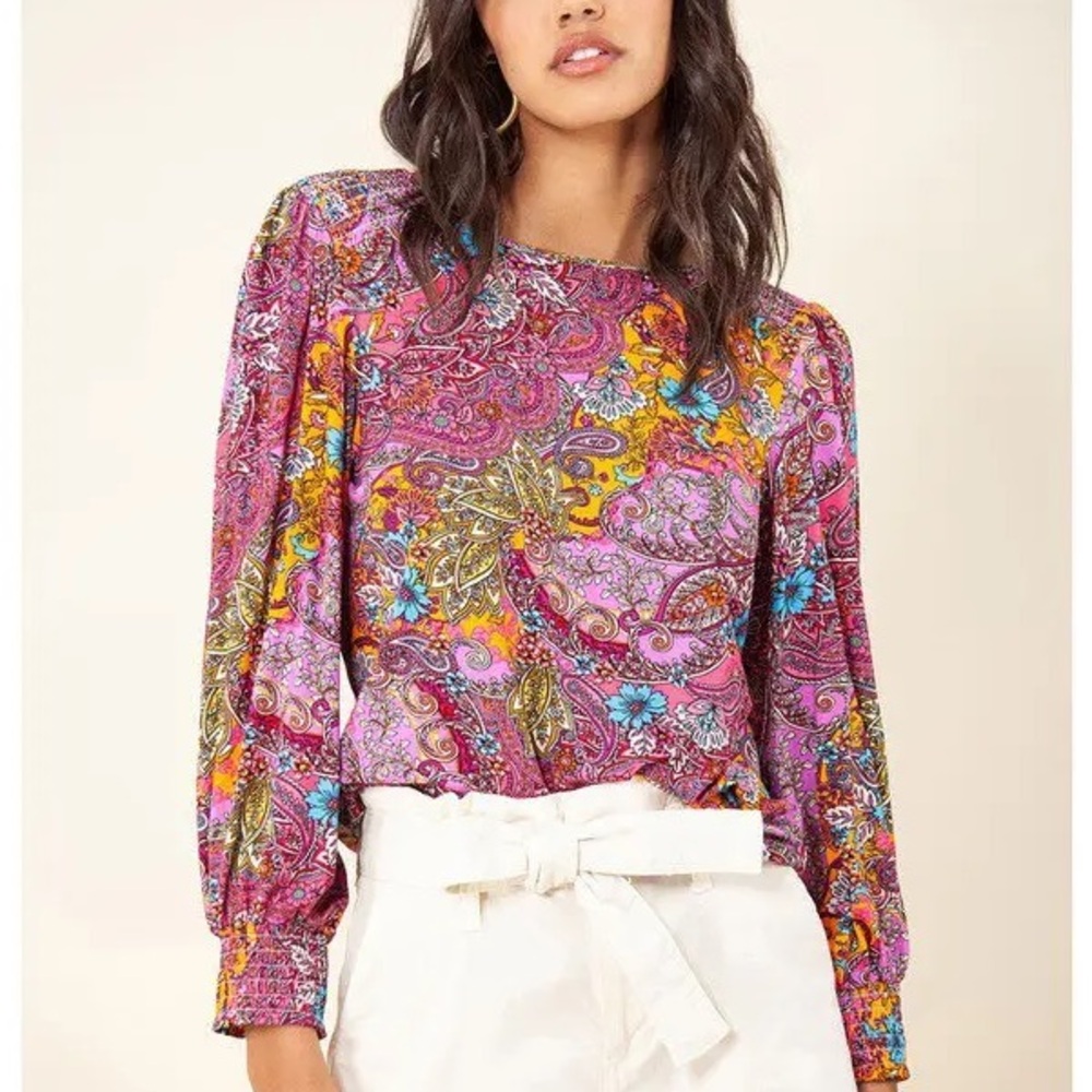 Hale Bob Aruna Paisley Top M Boho Smocked Chiffon Back